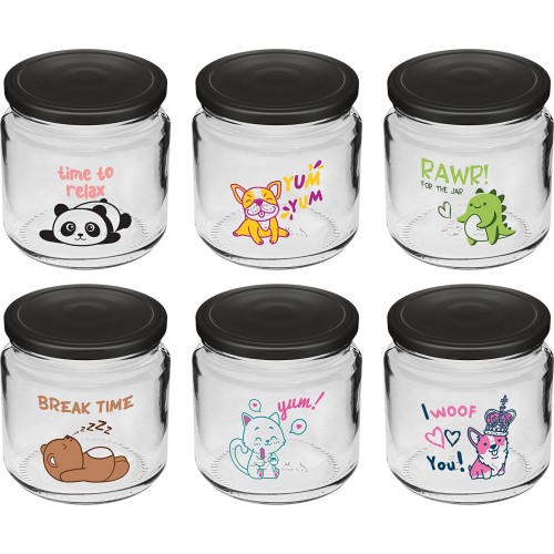 Twist-off jar for children, 212 ml, with print and black lid (it fits to Browin's yogurt maker, 6 pcs)